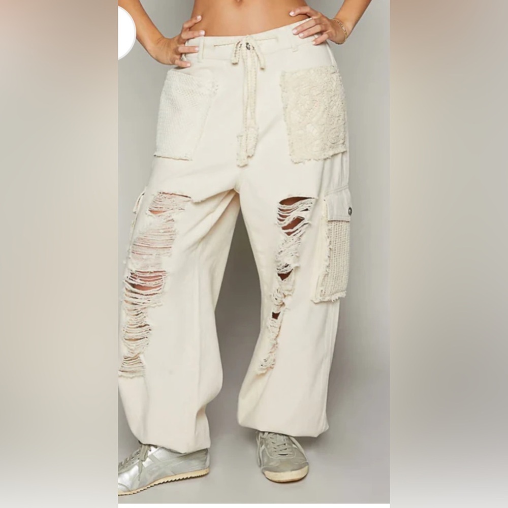 POL Ivory Crochet  Distress Cargo Jogger Pants Oversized Large Oat